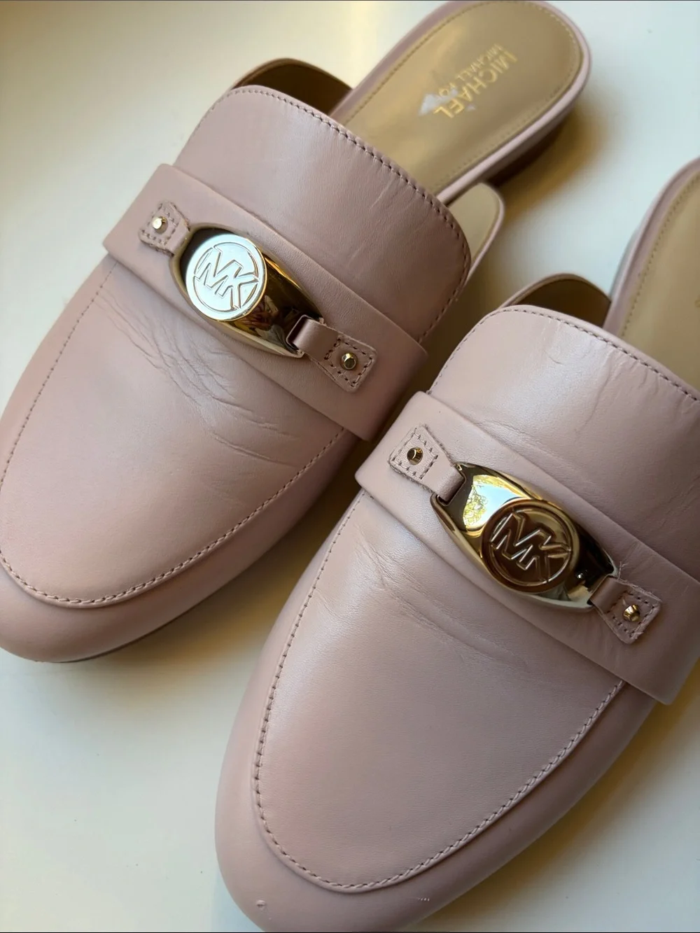 Michael Kors Blush Pink Leather Slip-On Mules with silver MK Accent